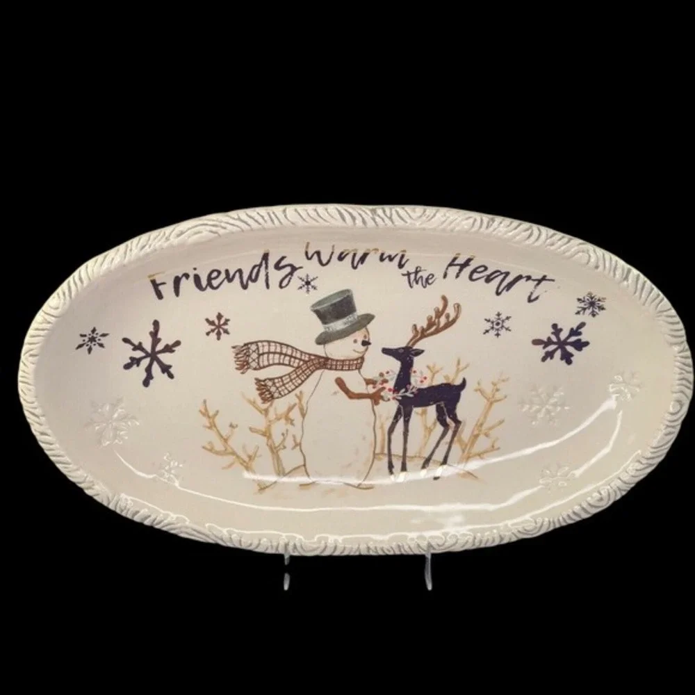 Fitz and Floyd Wintry Woods‎ Snowman Christmas 14 Inch Oval Serving Platter Tray